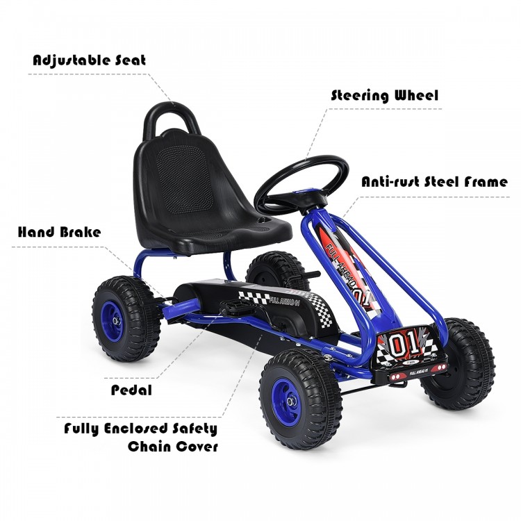 Blue pedal-powered ride-on go-kart with adjustable seat, handbrake, and anti-slip wheels for kids aged 3-6 years.