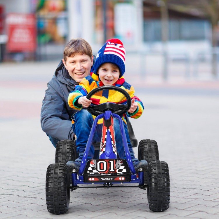 Blue 4 wheel pedal powered ride-on with adjustable seat, perfect for kids aged 3-6, promoting strength and coordination.