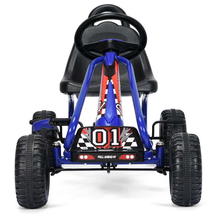 Blue 4 wheel pedal powered ride-on with adjustable seat, handbrake, and anti-slip wheels for kids aged 3-6.