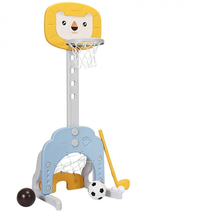 Colorful 3-in-1 adjustable kids sports set in yellow, featuring a basketball hoop, soccer goal, and golf club for ages.