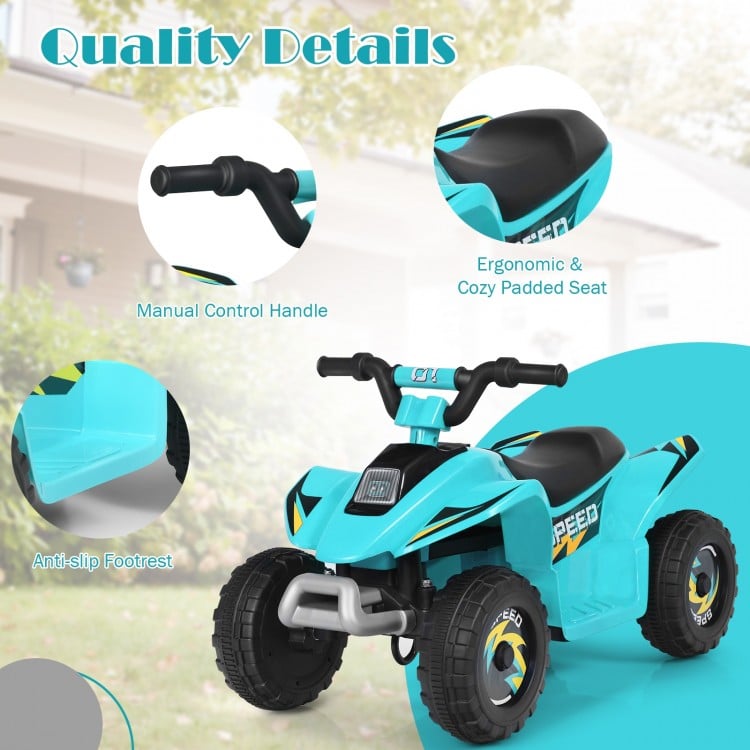 Ergonomic blue 6V kids electric ATV with manual control handle, padded seat, and anti-slip footrest for safe riding.