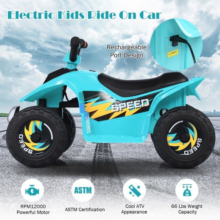 Kids electric ATV ride-on toy in blue with rechargeable design, comfortable seat, and wear-resistant wheels for outdoor.