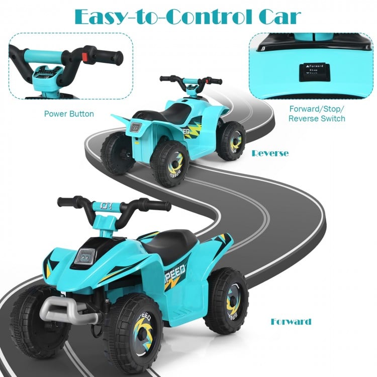 Kids electric ATV in blue with comfortable seat, forward/reverse switch, and wear-resistant wheels for outdoor fun.