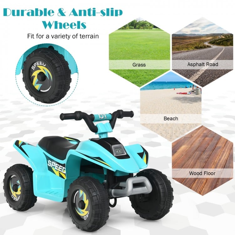 Kids electric ATV ride-on toy in blue with durable, anti-slip wheels for various terrains, perfect for indoor and.