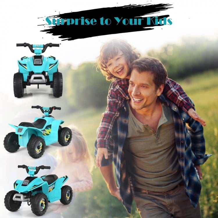Kids electric ATV ride-on toy in blue with comfortable seat and wear-resistant wheels for outdoor fun.
