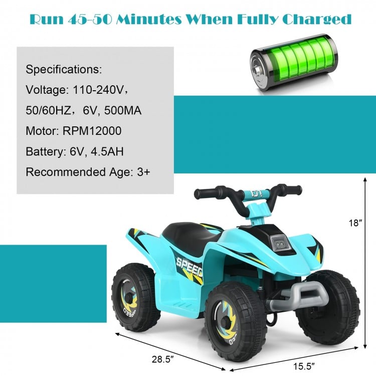 Blue 6V Kids Electric ATV ride-on toy with four wear-resistant wheels, designed for indoor and outdoor fun.