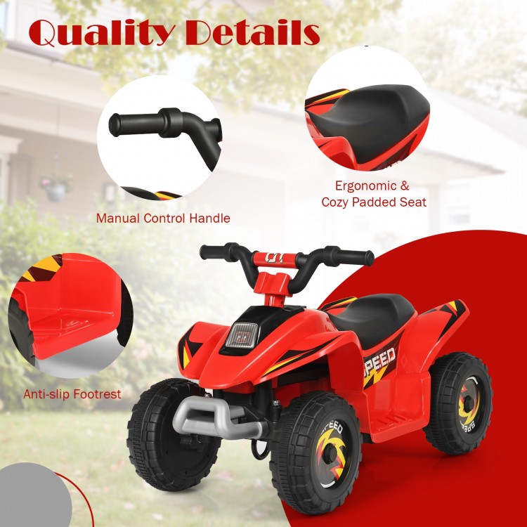 Red 6V Kids Electric ATV with ergonomic padded seat, manual control handle, and anti-slip footrest for safe riding.