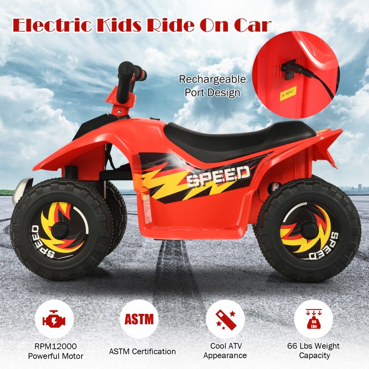 Red 6V kids electric ATV ride-on toy with four durable wheels, rechargeable battery, and ASTM certification for safe.