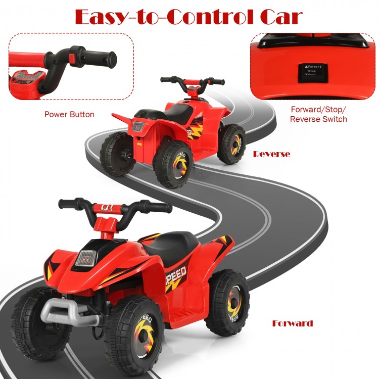 Red 6V Kids Electric ATV with forward/reverse switch and durable wheels, ideal for various terrains and toddler.