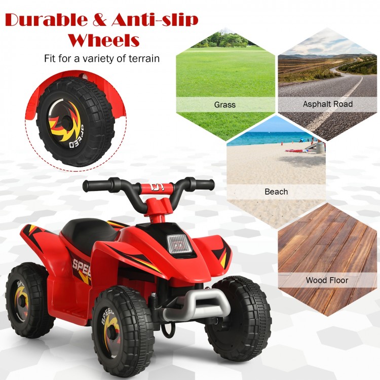 Red 6V Kids Electric ATV ride-on toy with durable wheels, suitable for grass, asphalt, beach, and wood floor surfaces.