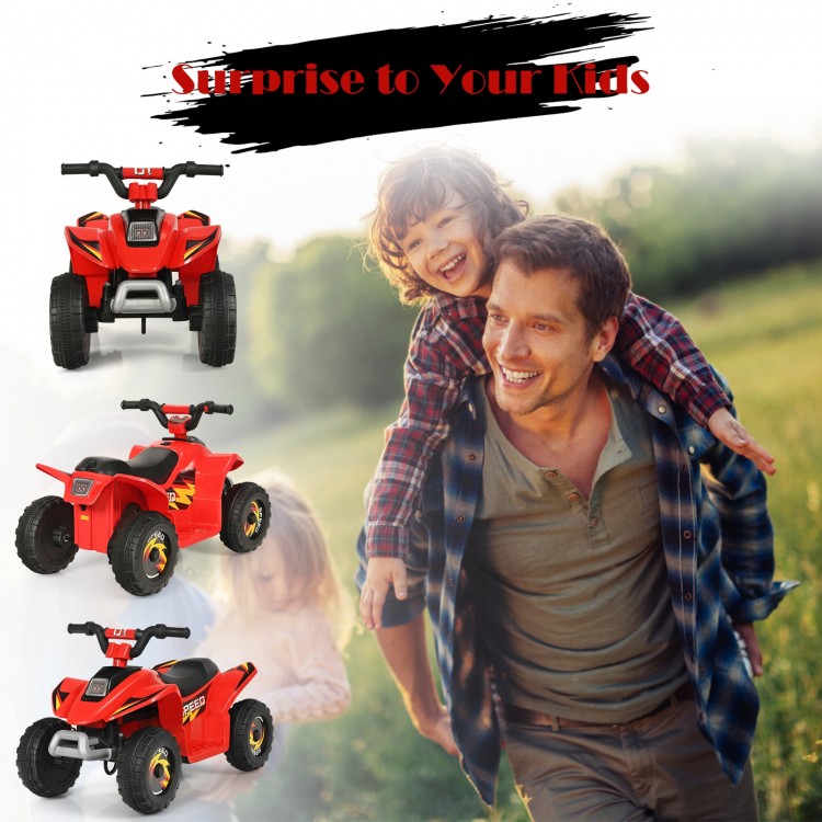 Red 6V Kids Electric ATV ride-on toy with four durable wheels, perfect for various terrains and toddler enjoyment.