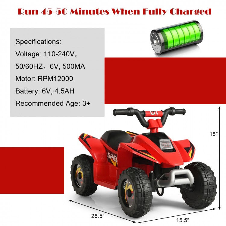 Red 6V Kids Electric ATV ride-on toy with four durable wheels, comfortable seat, and rechargeable battery for outdoor.