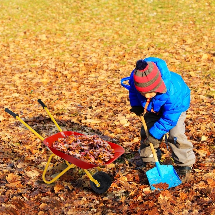 Kids metal wheelbarrow in red with seamless steel tray, perfect for outdoor play and transporting toys in the yard.