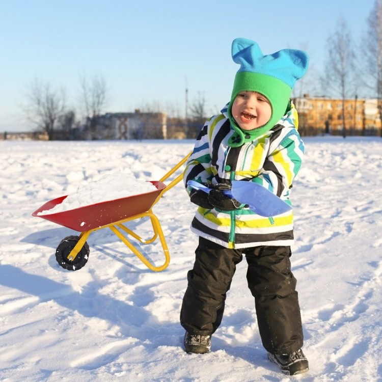 Kids metal wheelbarrow in red with seamless steel tray, perfect for outdoor play and transporting toys in the snow.