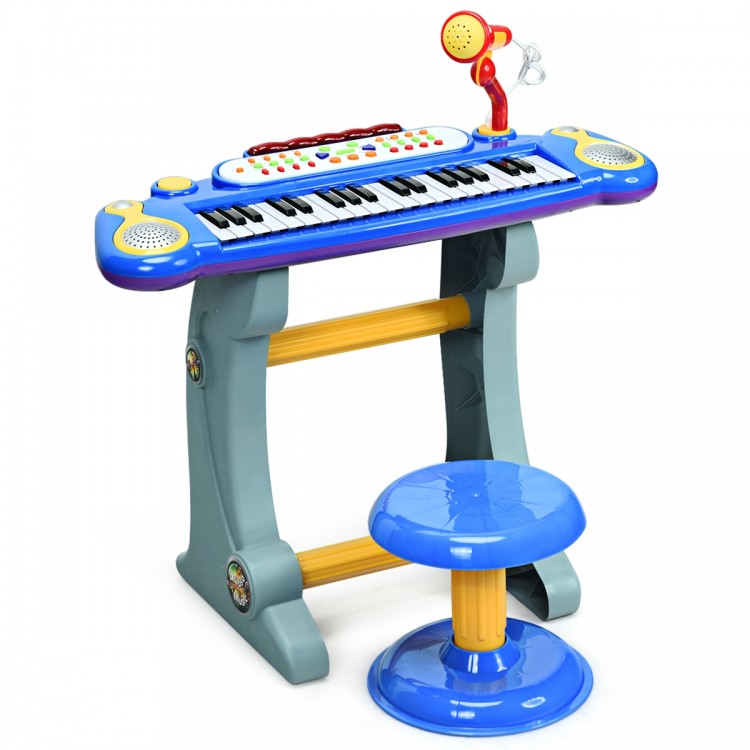 Colorful 37-key electronic keyboard for kids with detachable microphone and stool, perfect for musical play and.