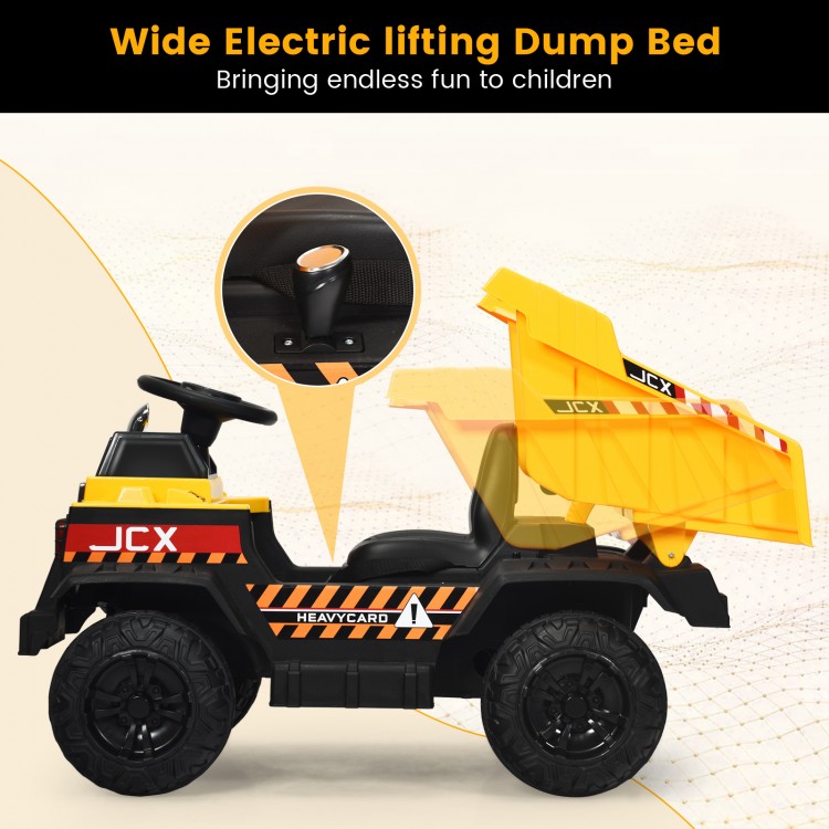 Yellow 12V battery kids ride-on dump truck with electric bucket, featuring parental remote control and safety belt for.