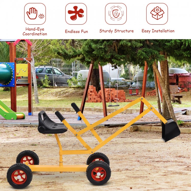 Heavy duty kid ride-on 4-wheel excavator sand digger with sturdy steel frame and all-terrain wheels for outdoor fun.