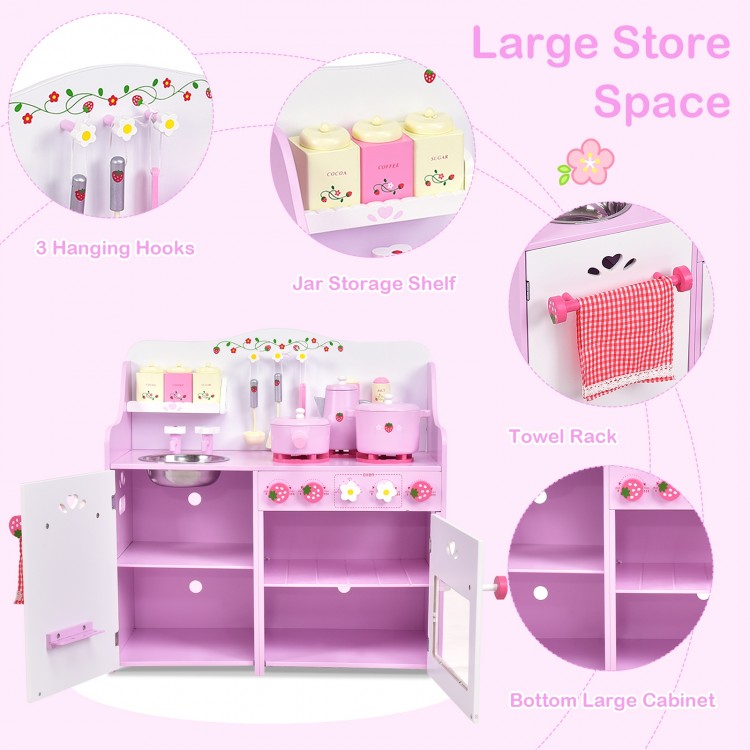 Kids wooden kitchen toy playset with strawberry design, featuring large storage space and realistic cooking details.