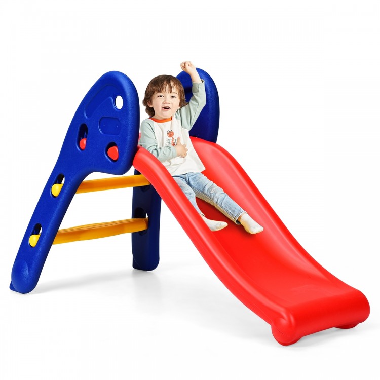 Children's folding plastic slide in red and blue with easy climb steps, raised handrails, and stable triangular base.