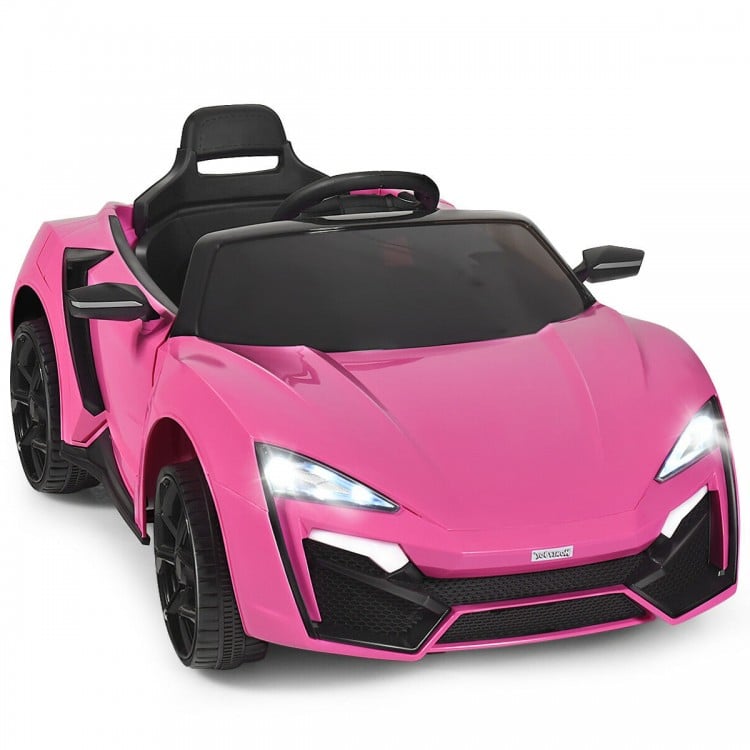 Pink 12V electric vehicle with remote control, LED lights, and spring suspension for smooth driving fun.