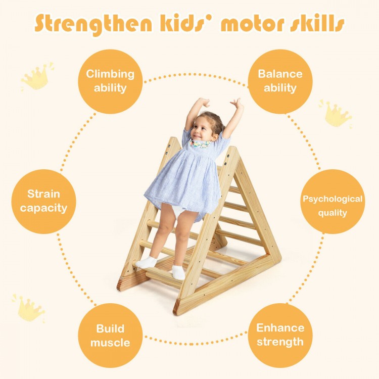 Wooden triangle climber for toddlers, made of pine, enhances motor skills and supports up to 135 lbs for safe play.
