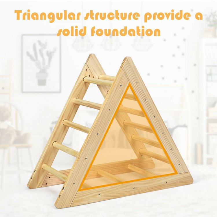 Wooden triangle climber for toddlers, made of pine, features a solid triangular structure for safe step training.