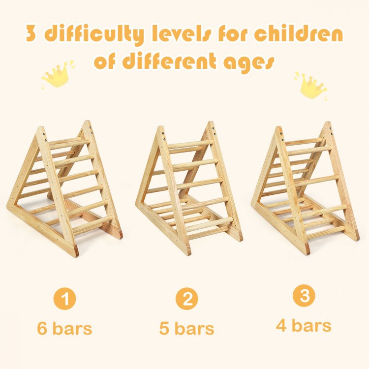 Wooden triangle climber with 3 difficulty levels, made of high-quality pine, ideal for toddler step training.