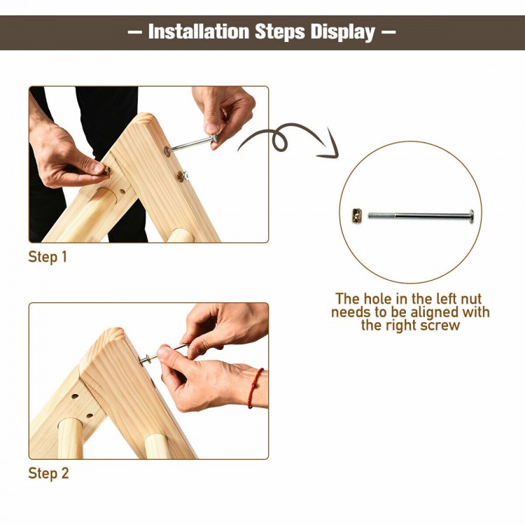 Installation steps for the Wooden Triangle Climber, showcasing assembly with high-quality pine and secure connections.