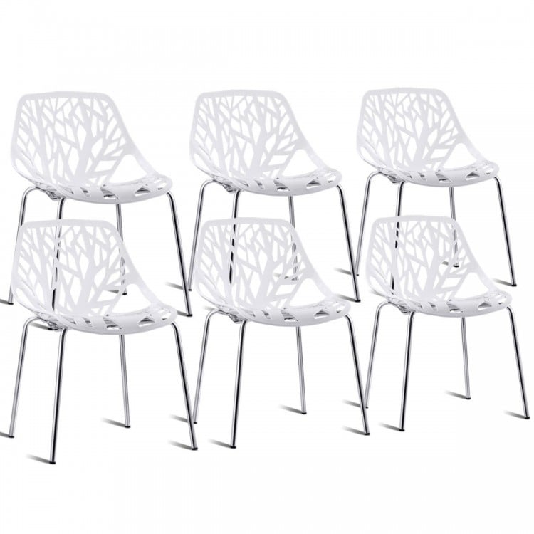 Set of 6 modern accent dining chairs with cut-out tree design, durable plastic, and stackable for easy storage.