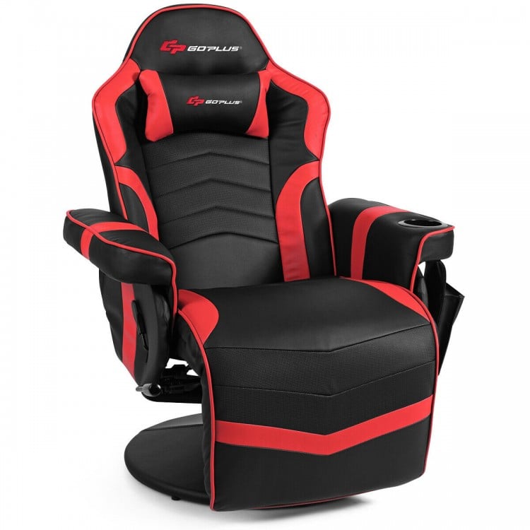 Ergonomic high back gaming chair in red and black with massage function, adjustable footrest, and cup holder.