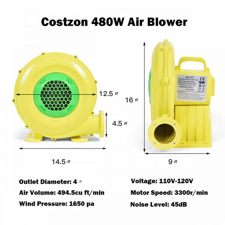 480W air blower pump fan with 4" outlet, designed for inflatable bounce houses and water slides, featuring a top handle.