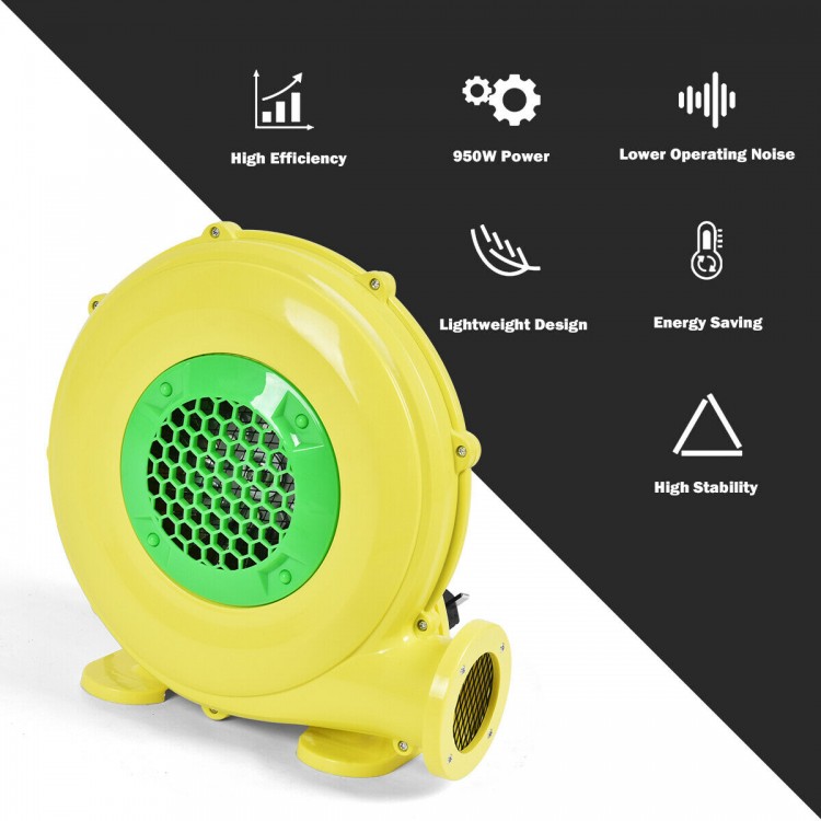 Yellow 480W air blower pump fan with green grille, designed for inflatable bounce houses and easy portability.