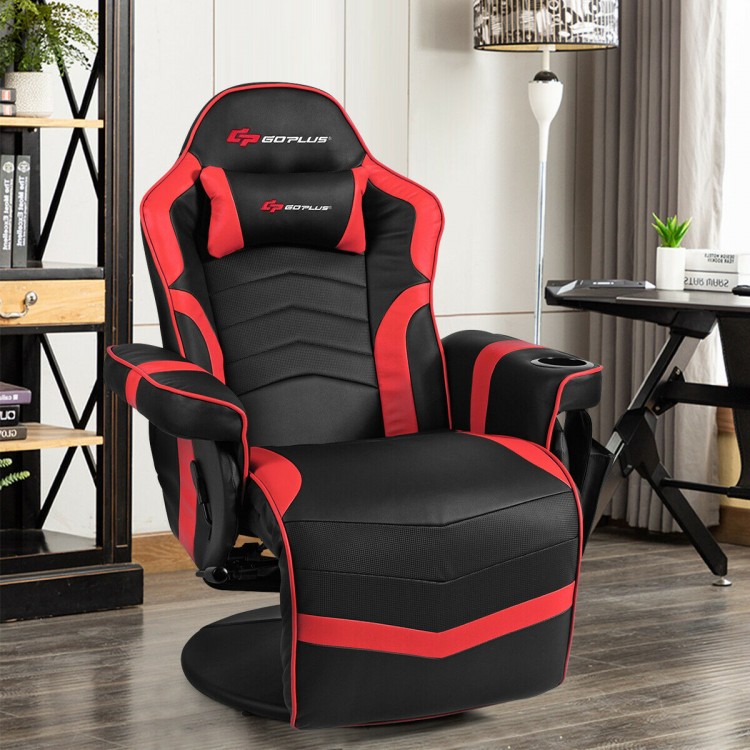 Ergonomic high back gaming chair in red and black with massage function, adjustable backrest, and cup holder for.