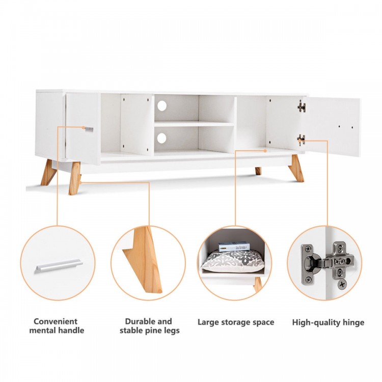 Wooden TV stand with two storage cabinets and two open shelves, featuring a white finish and sturdy pine legs for.