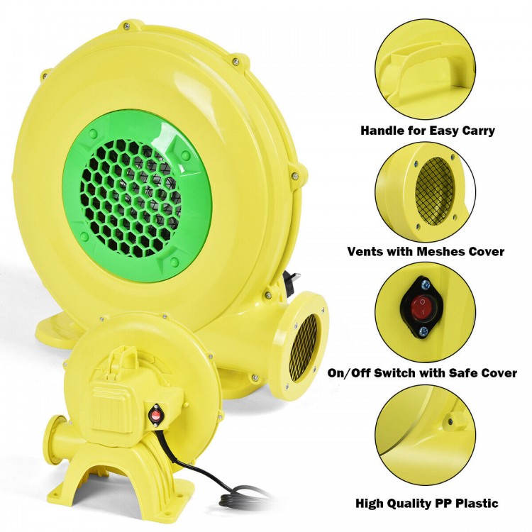 Yellow 480W air blower pump fan with handle, designed for inflatable bounce houses and outdoor fun.