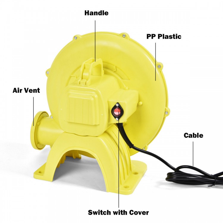 Yellow 480W air blower pump fan with handle, switch, and air vent for inflating bounce houses and water slides.