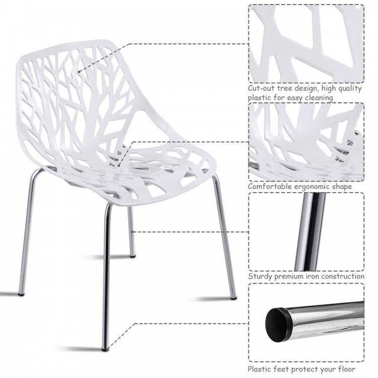 Accent armless dining chair with cut-out tree design, durable plastic, and iron construction, ideal for indoor or.