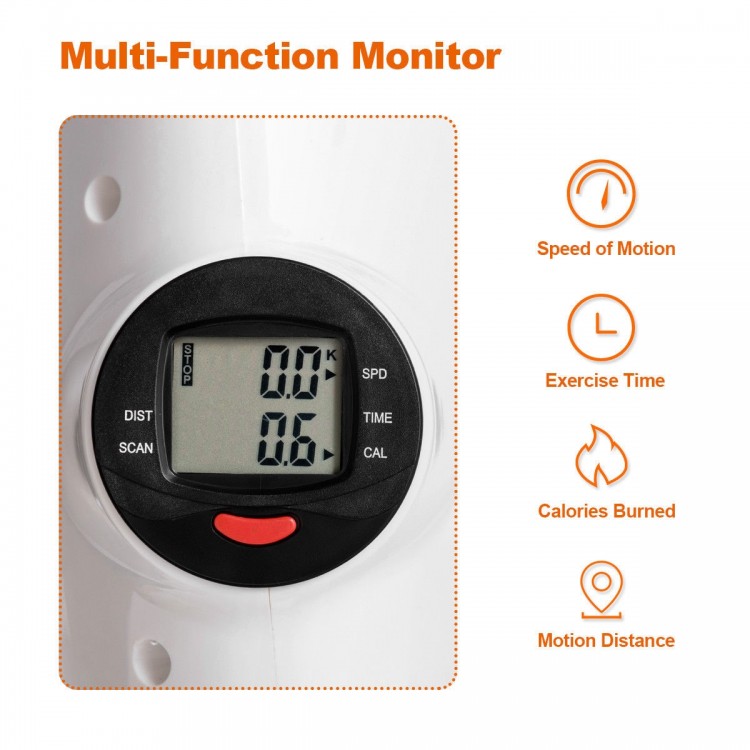 Close-up of the multi-function monitor displaying speed, time, calories, and distance on the portable elliptical.