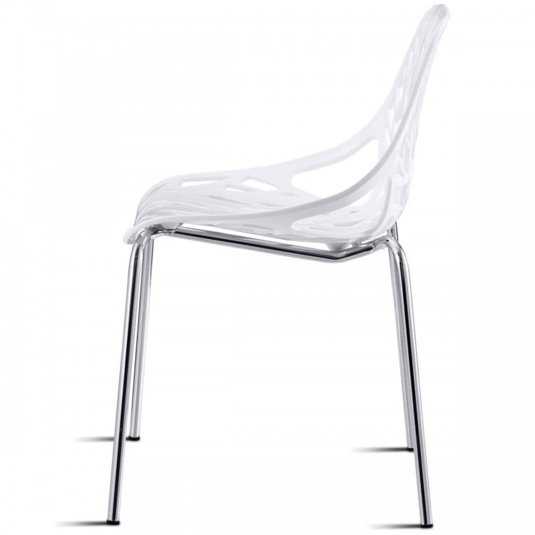 White accent dining chair with cut-out tree design, featuring a durable iron frame and stackable for easy storage.