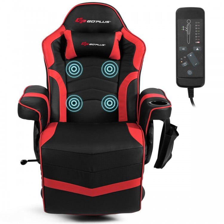 Ergonomic high back gaming chair in red with massage function, adjustable backrest, and footrest for ultimate comfort.