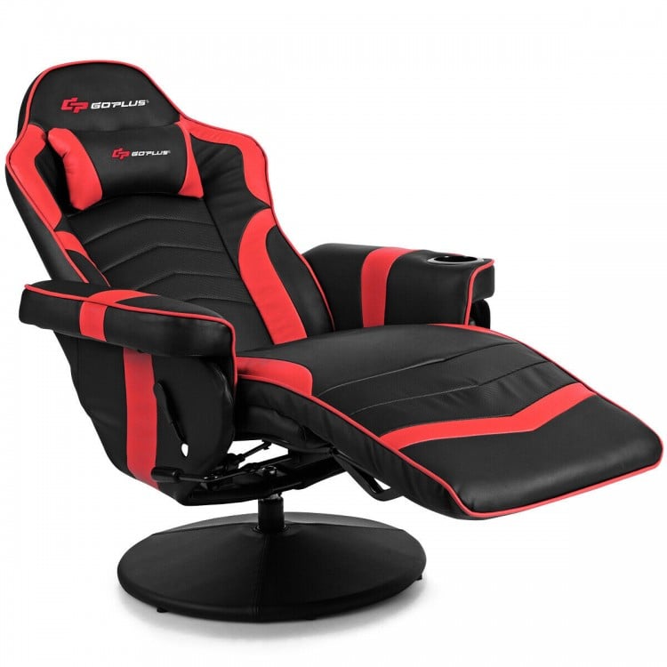 Ergonomic high back gaming chair in red and black with adjustable footrest, massage function, and cup holder for.