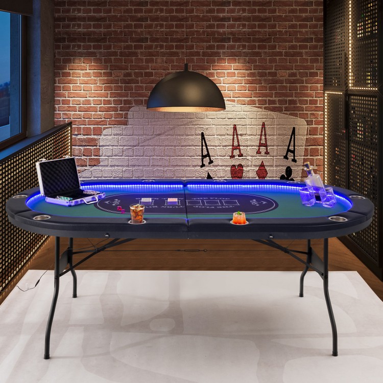 Foldable 10-player poker table with LED lights, USB ports, and cup holders, ideal for game nights and outdoor.