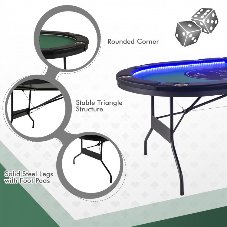 Foldable 10-player poker table with LED lights, solid steel legs, and rounded corners for stable gameplay and easy.