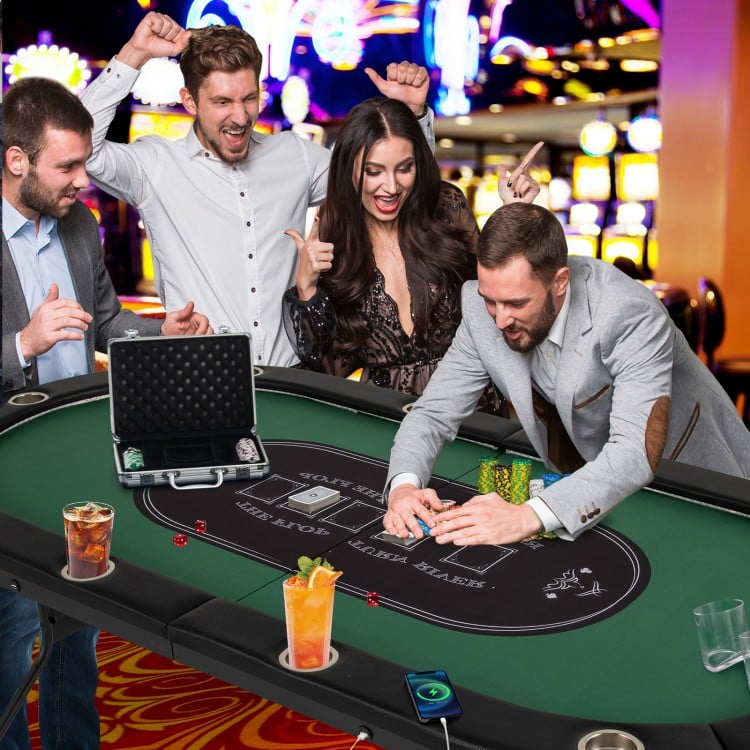 Foldable 10-player poker table with LED lights, USB ports, and cup holders, perfect for casino-style games and.