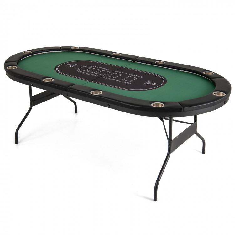 Foldable 10-player poker table with green felt, cup holders, USB ports, ideal for gaming and gatherings.