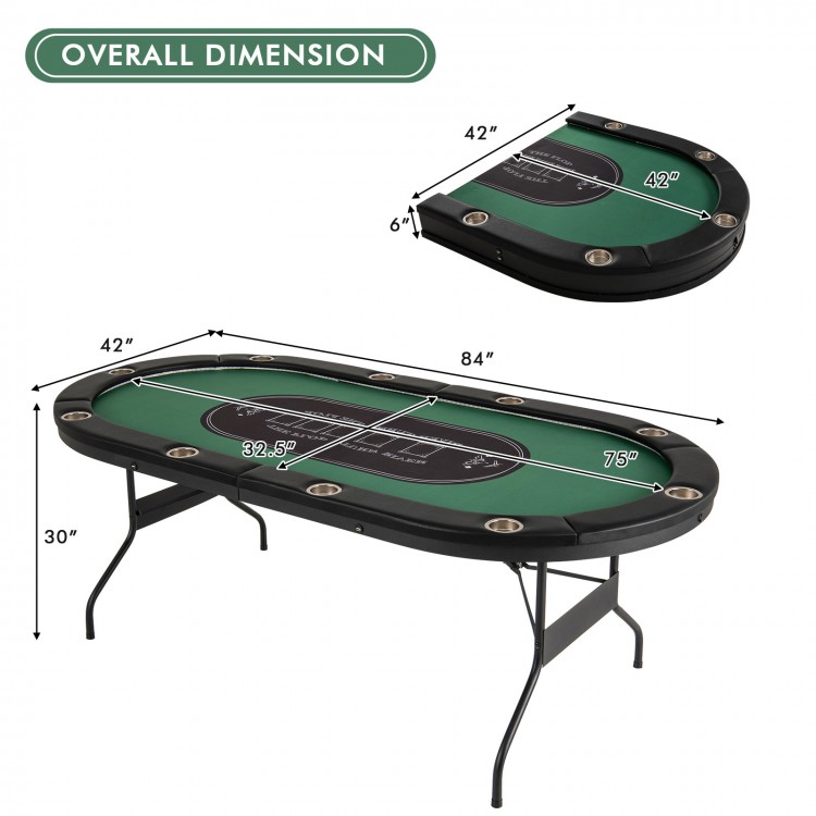 Foldable 10-player poker table with green felt, 3" cup holders, and USB ports, ideal for game nights and parties.