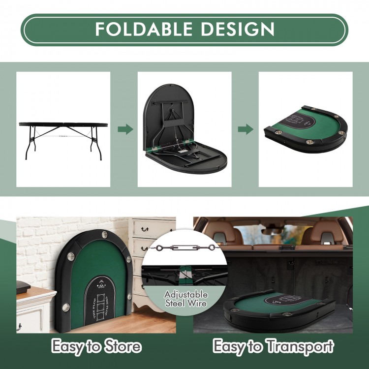 Foldable 10-player poker table with green felt, featuring USB ports and cup holders, ideal for easy transport and.