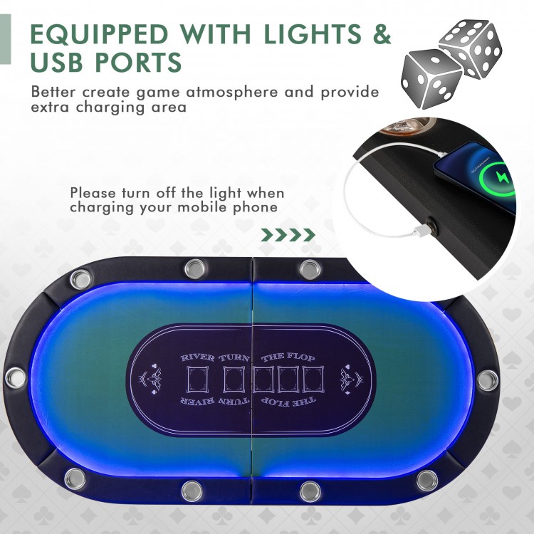 Foldable 10-player poker table with LED lights and USB ports, featuring a spacious 75" tabletop for games and snacks.