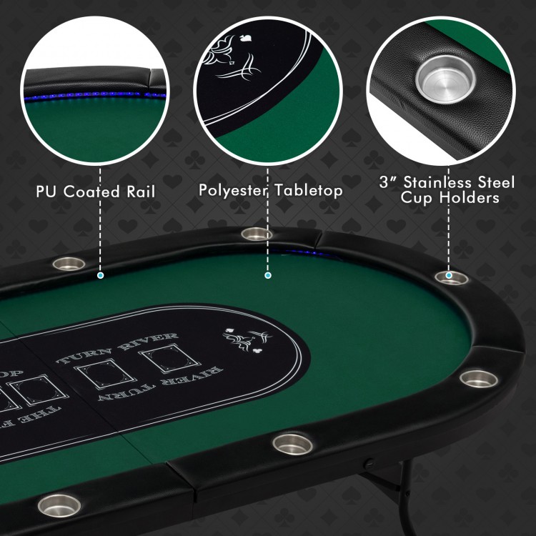 Close-up of the foldable poker table featuring a polyester tabletop, PU coated rail, and 3" stainless steel cup holders.
