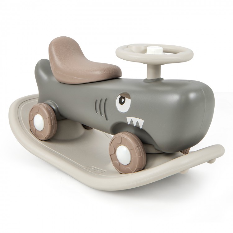 Convertible rocking horse and sliding car in dark gray with smooth wheels, backrest, and wide footrest for kids'.